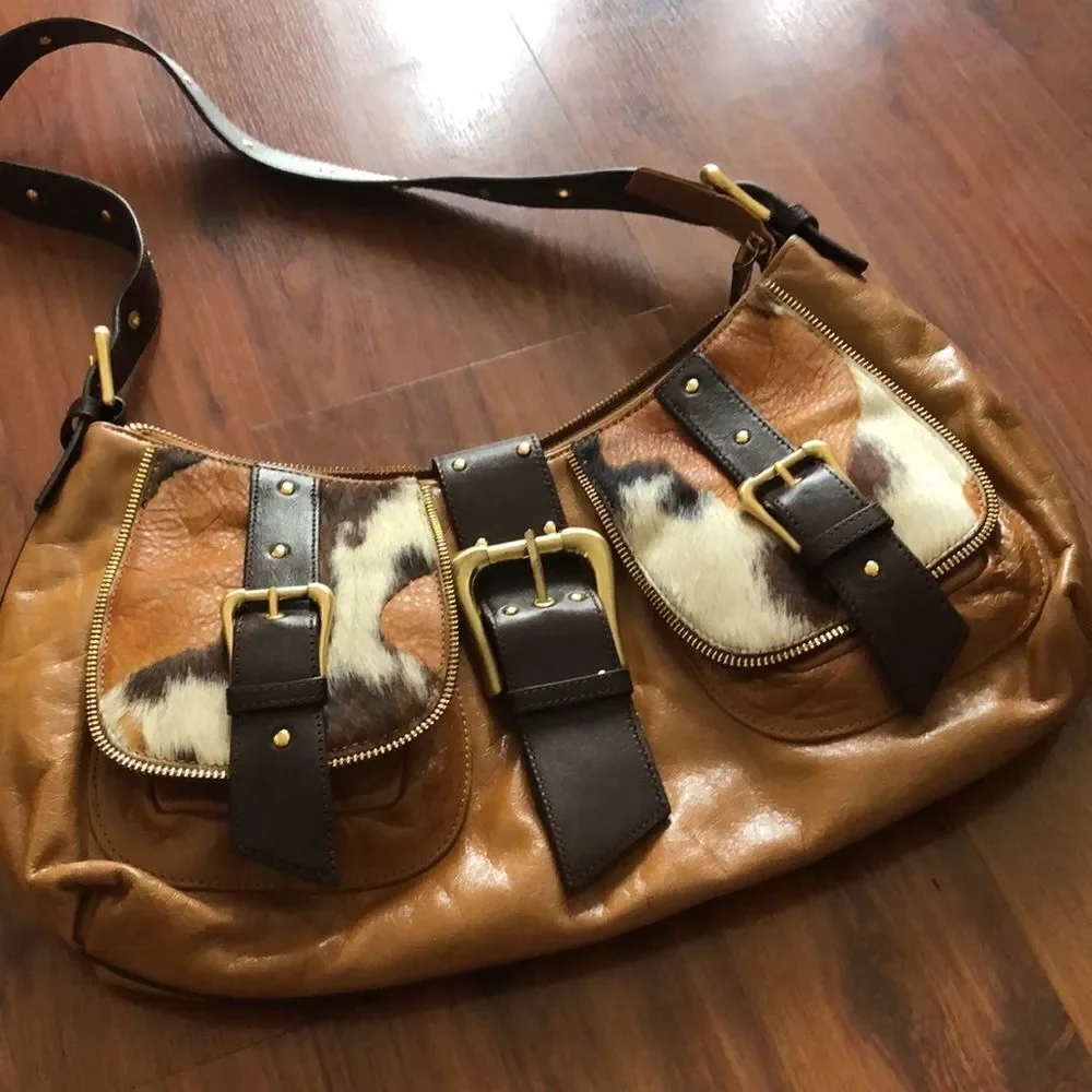 Sondra Roberts Tan, Brown & White Hobo Bag with Haircalf Accents
